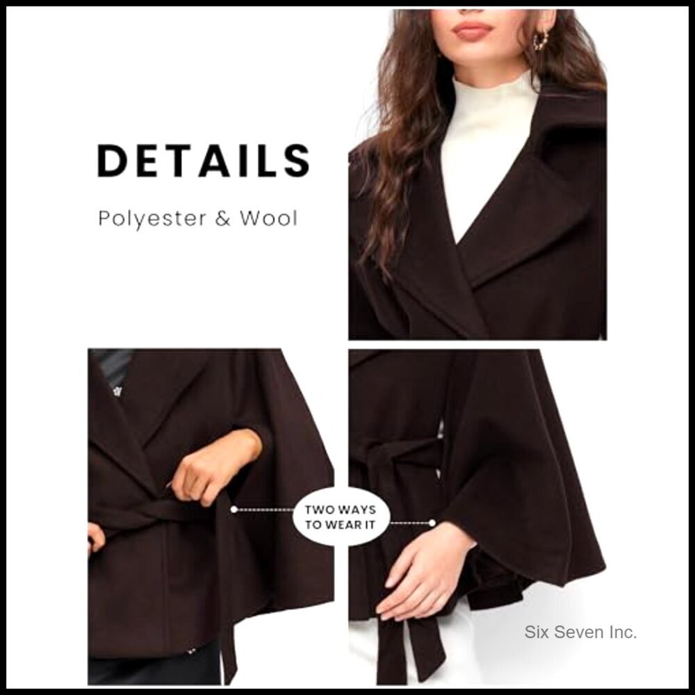 Wool Blend Cape Jacket with Belt Batwing Sleeve Poncho Pea Coat - Picture 6 of 7